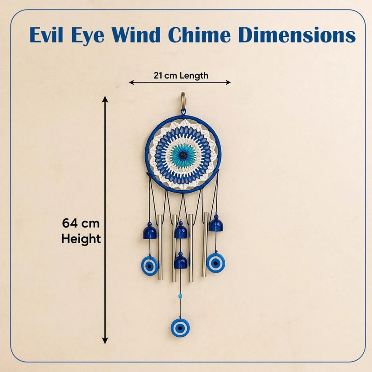 Dimension illustration of the blue wind chime showing 21 cm width and 64 cm height