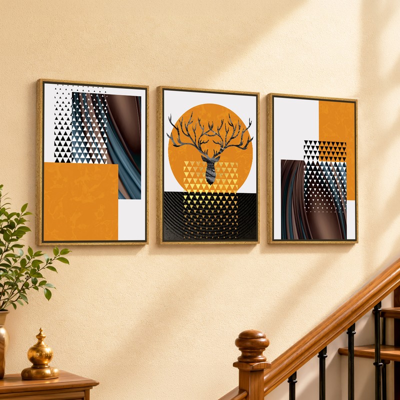 Noir & Amber Forms Canvas Wall Painting With Frame - Set of Three
