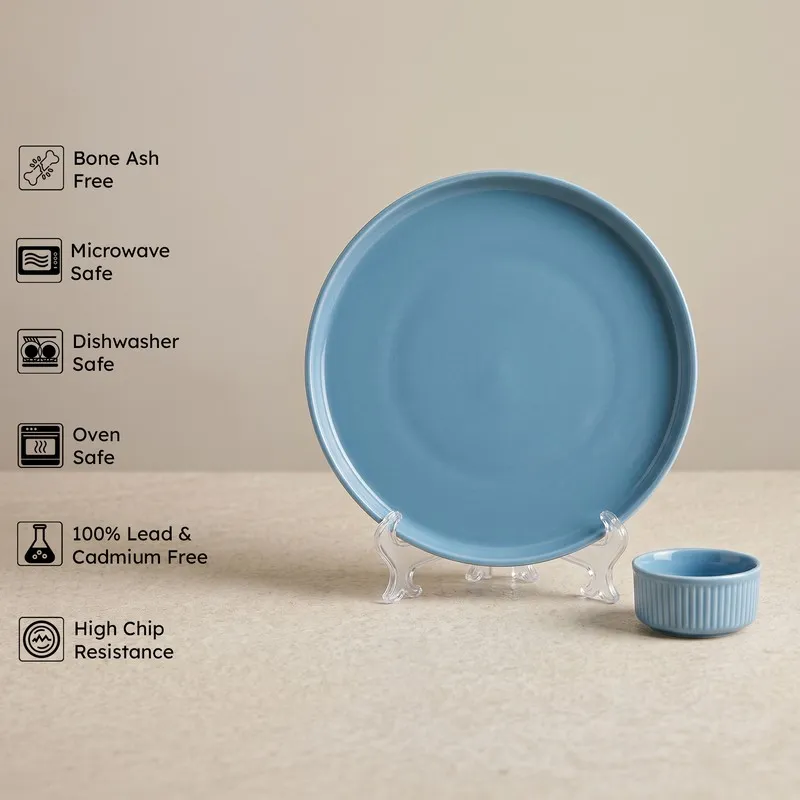 Blue round plate and matching ribbed bowl shown together