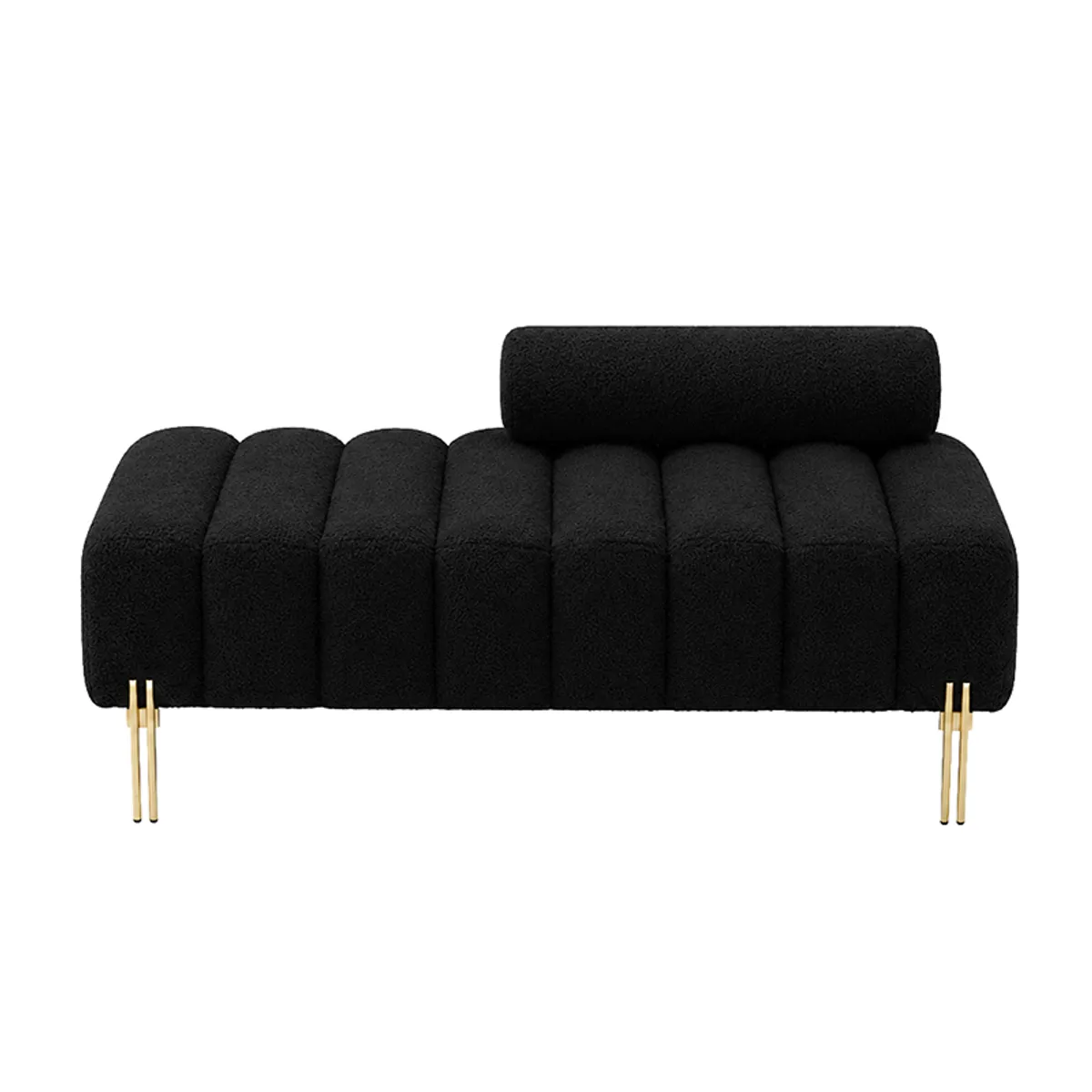 Front view of a black upholstered bench with a cylindrical backrest and gold-tone legs