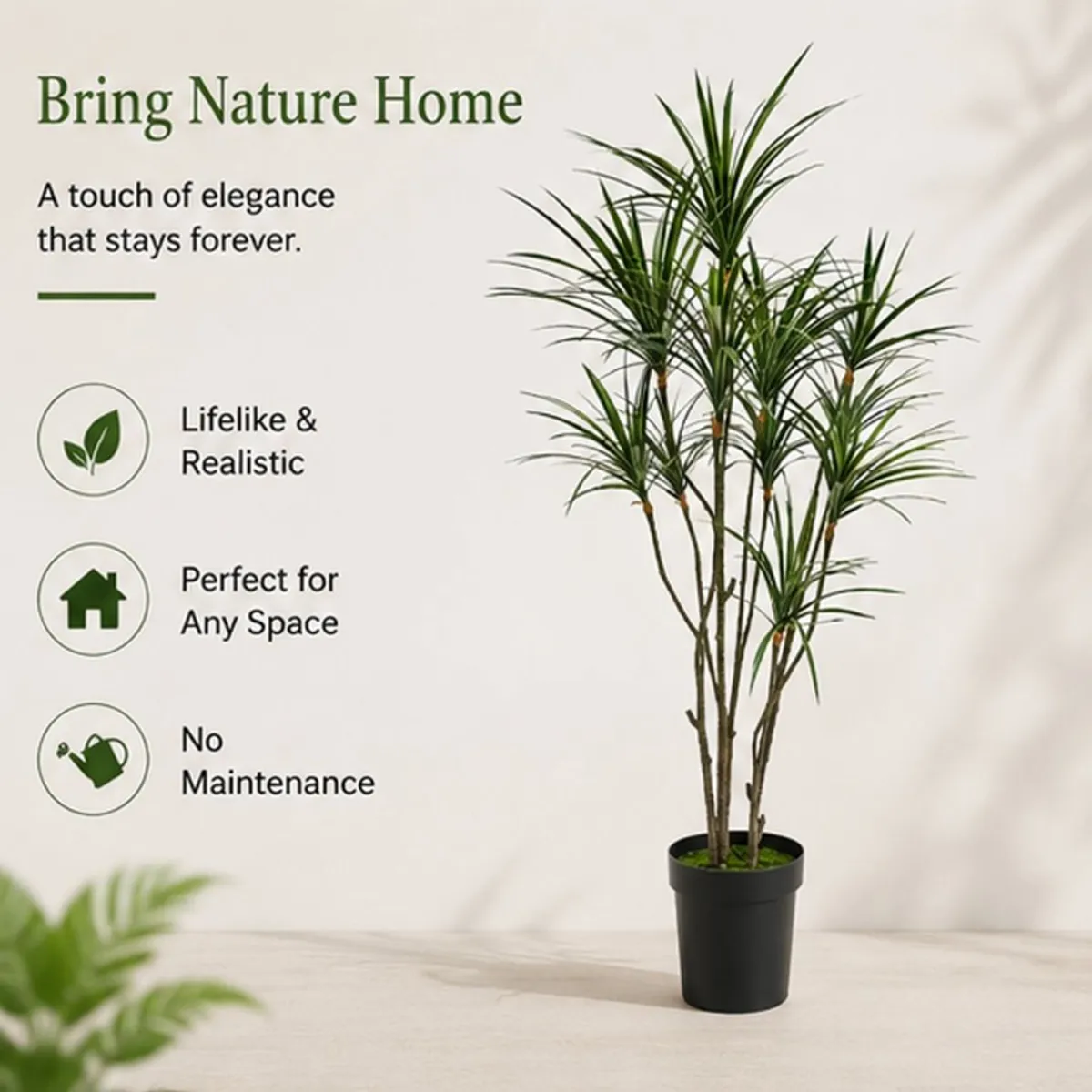 Artificial Dracaena Marginata plant with multiple green leafy stems in a black plastic pot