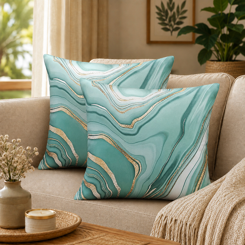 Marbled Swirl Printed Cushion Covers (Green) - Set of Two - 16 x 16 Inches
