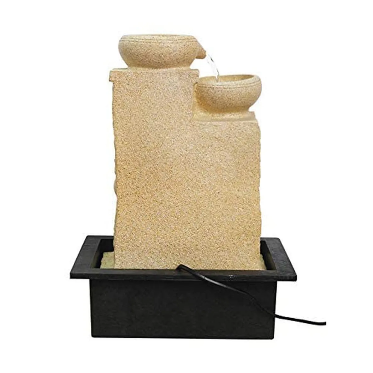 Rear view of the ivory tabletop fountain on a black base with power cord visible