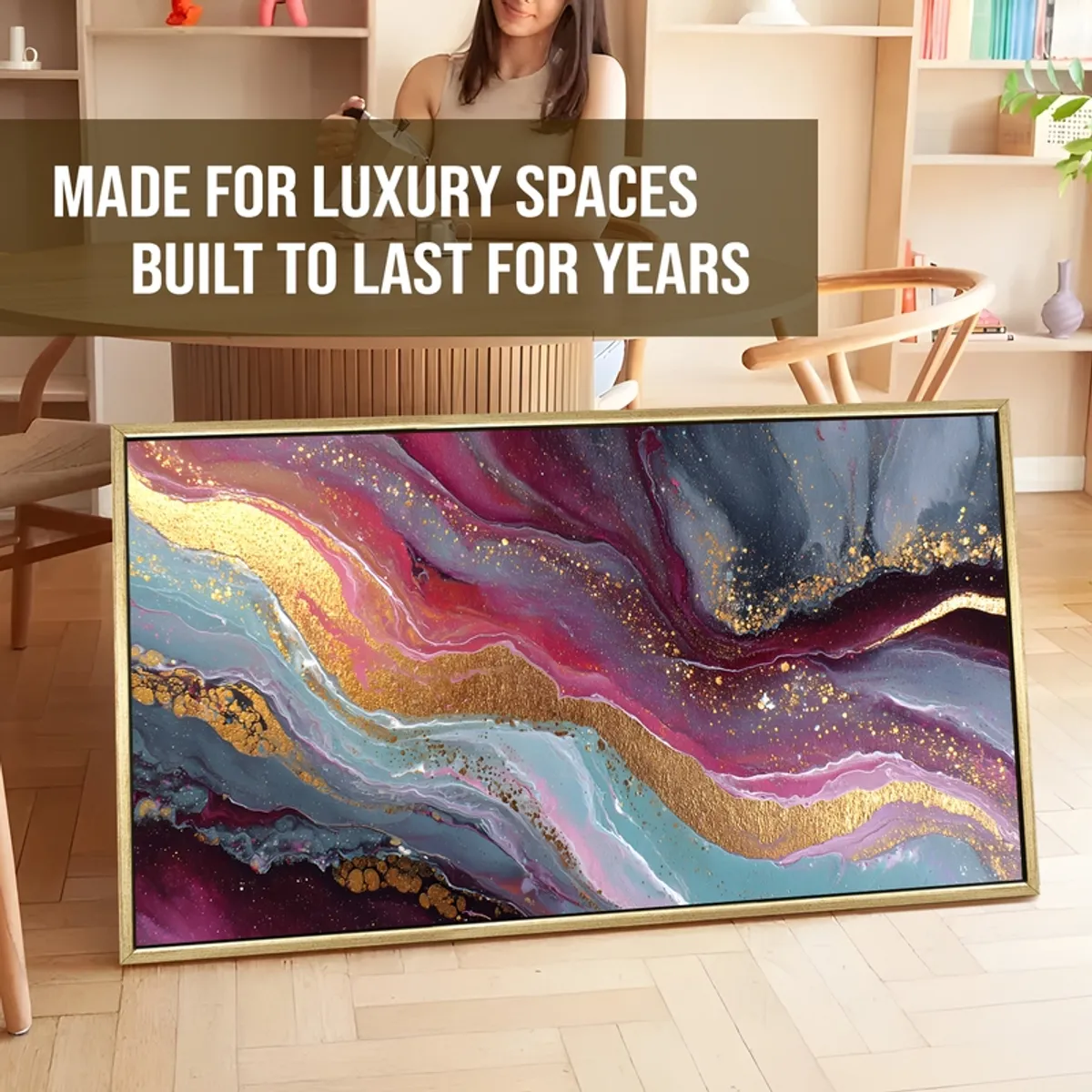 Framed abstract canvas painting with swirling gold and jewel-toned fluid pattern