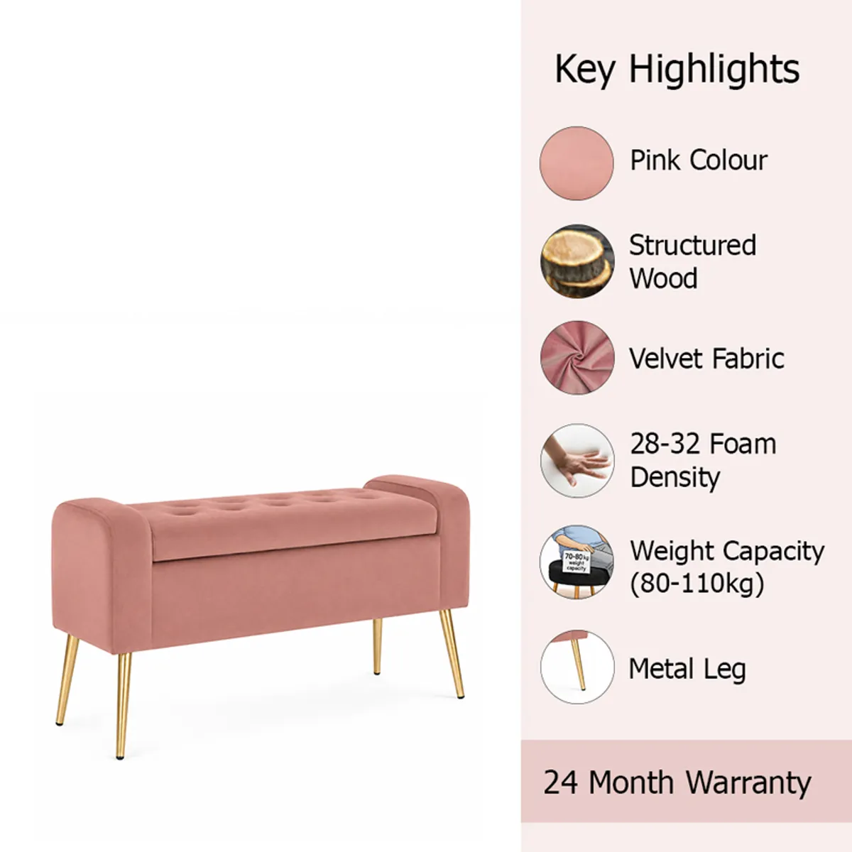 Pink velvet bench with gold legs shown in a styled room setting
