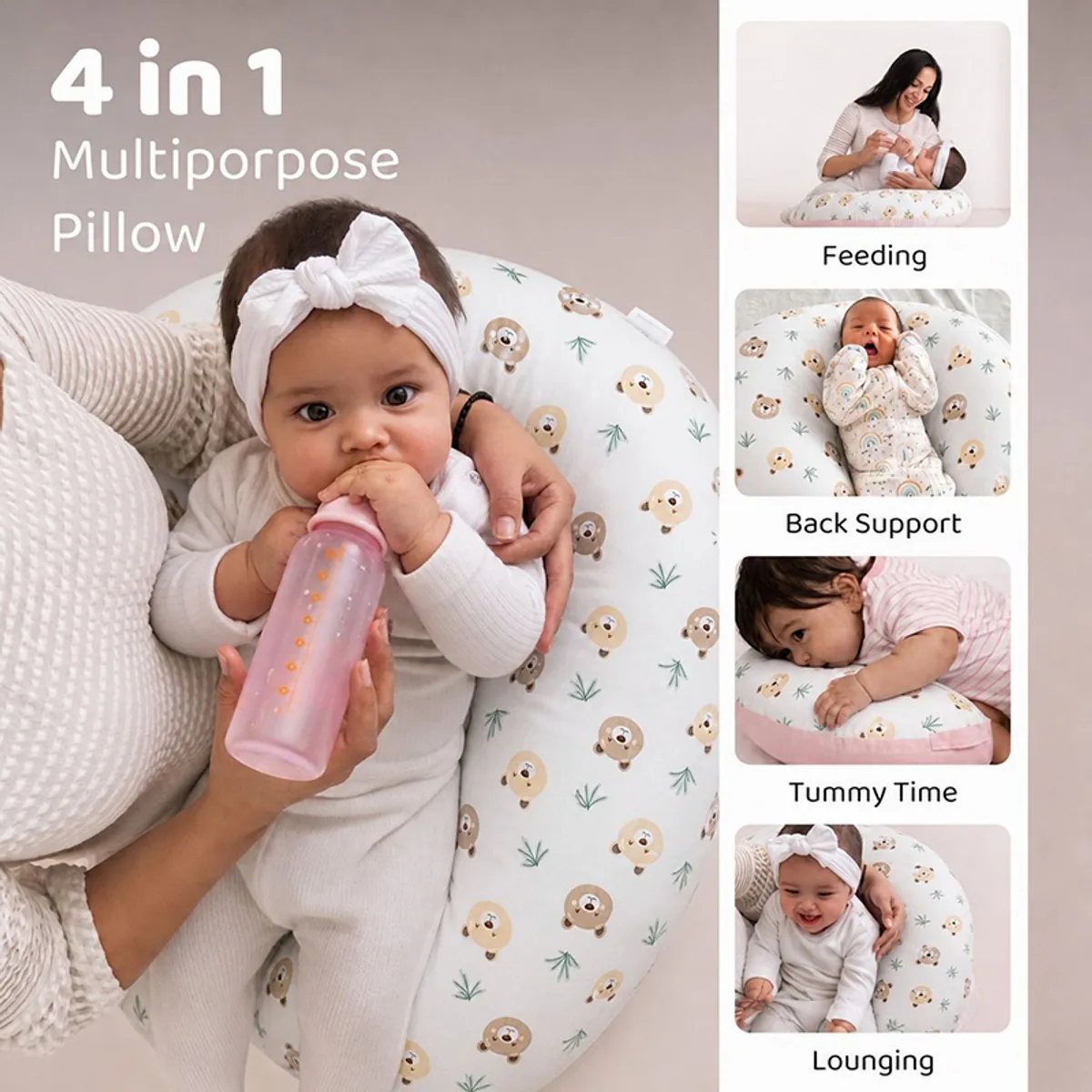 Baby seated with a white bear-print multipurpose pillow