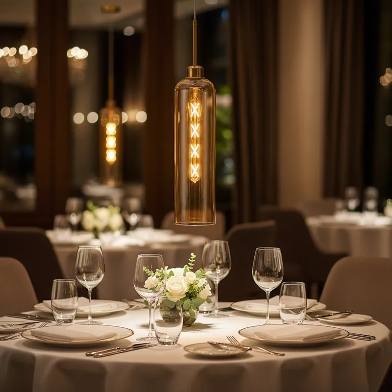 Amber glass pendant lamp glowing above a dining table setting