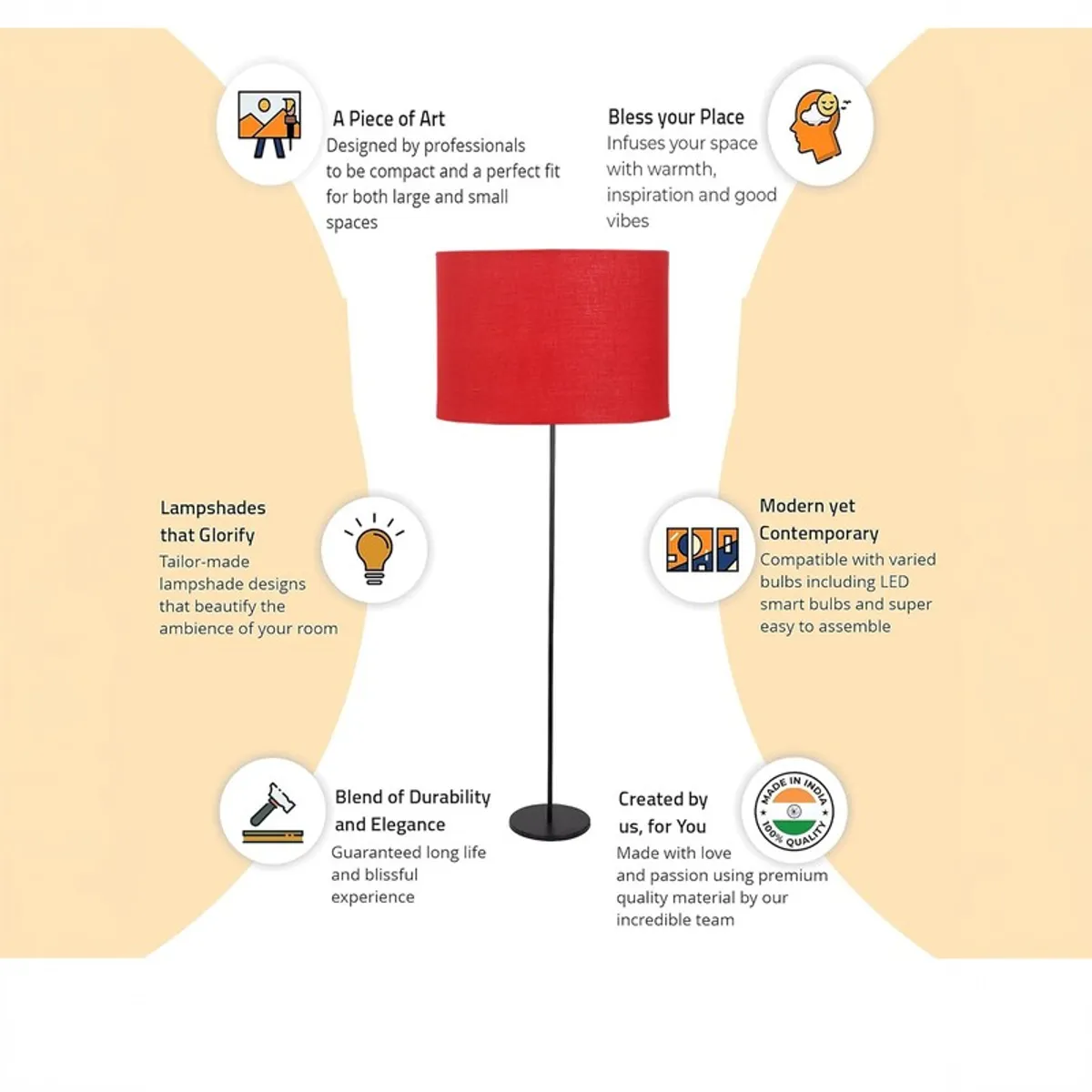 Red floor lamp infographic with illustrated feature callouts