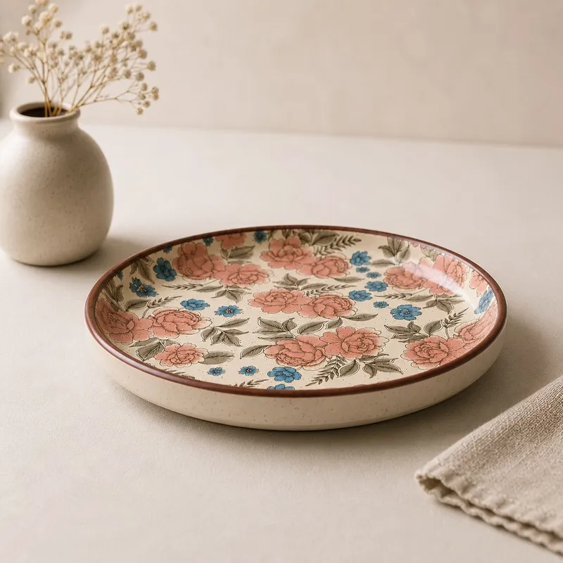 Single round ceramic quarter plate with pink floral motif