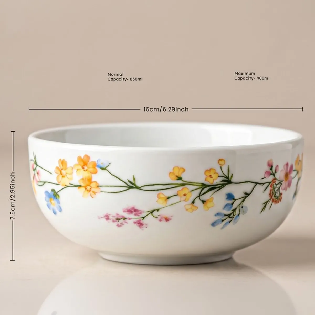 Close view of a white floral serving bowl