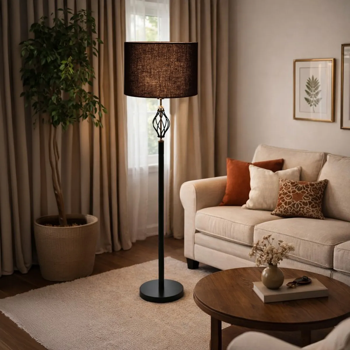 Black floor lamp with warm glow beside a cream sofa and curtains