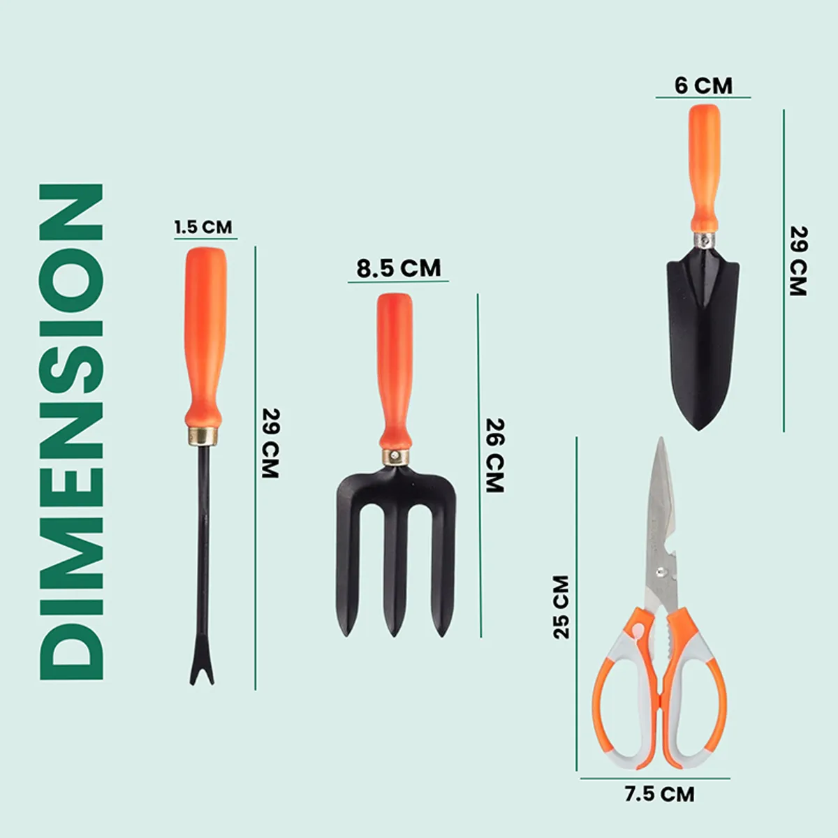 Garden tool set with illustrated size guide for four pieces