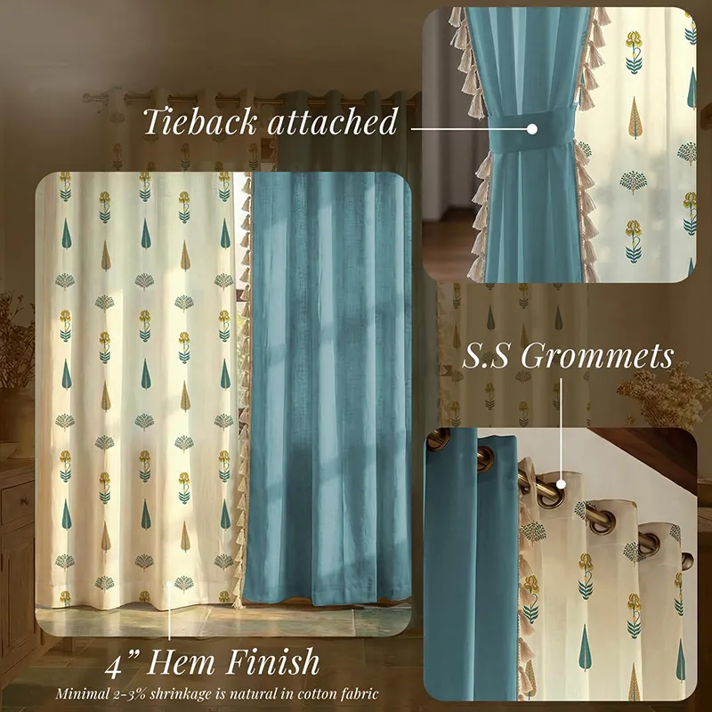 Curtain set shown with tieback styling and top eyelet detail