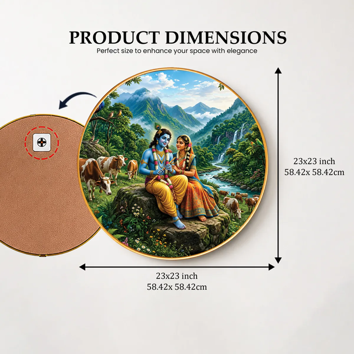 Round wall art shown with front and back view in a dimensions layout