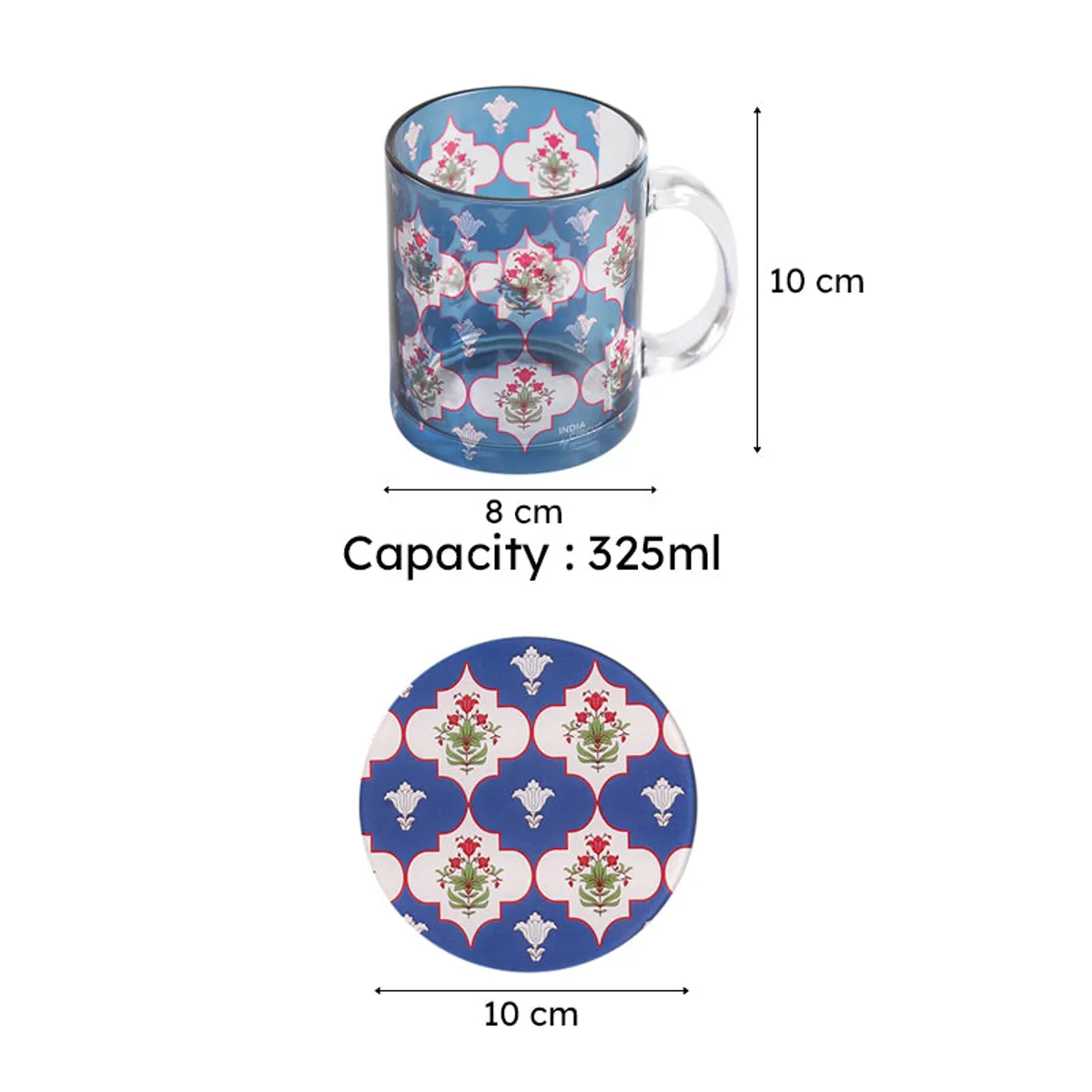 Blue floral glass mug and coaster shown with their measurements