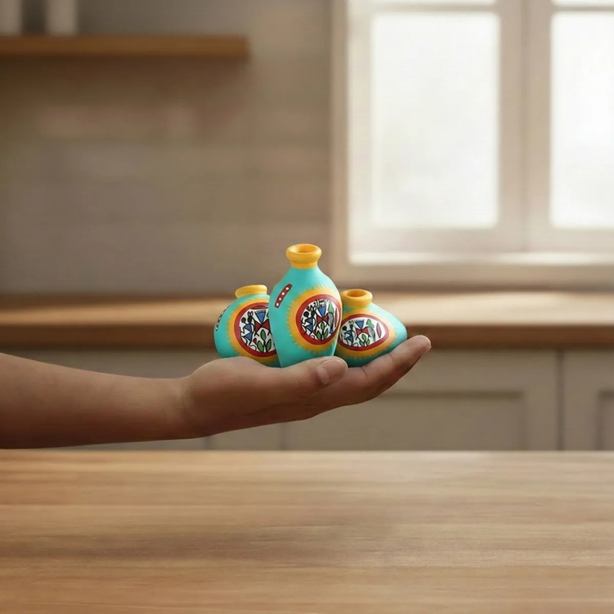 Three miniature turquoise vases with yellow rims displayed on a hand