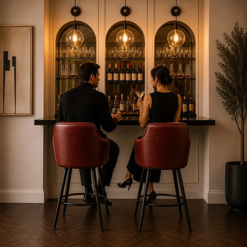 Two brown bar chairs placed at a home bar counter