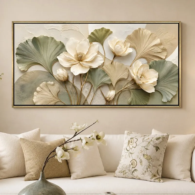 Large framed floral ginkgo leaf wall painting styled above a white sofa