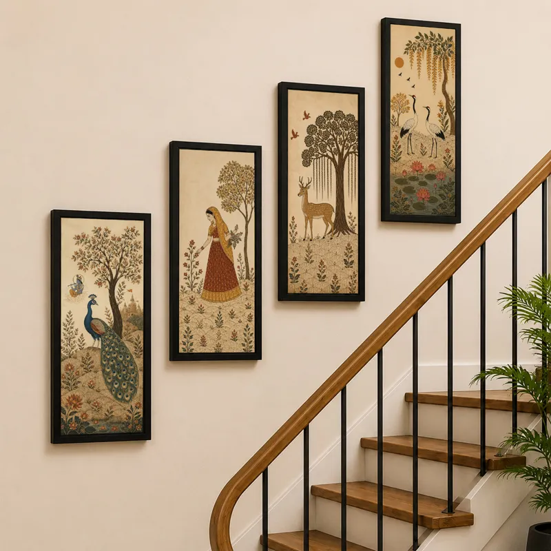 Four narrow framed artworks arranged along a staircase wall.