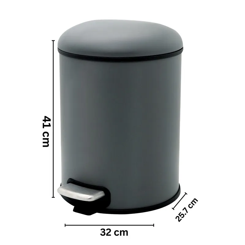 Grey cylindrical dustbin with dimensions shown against white background