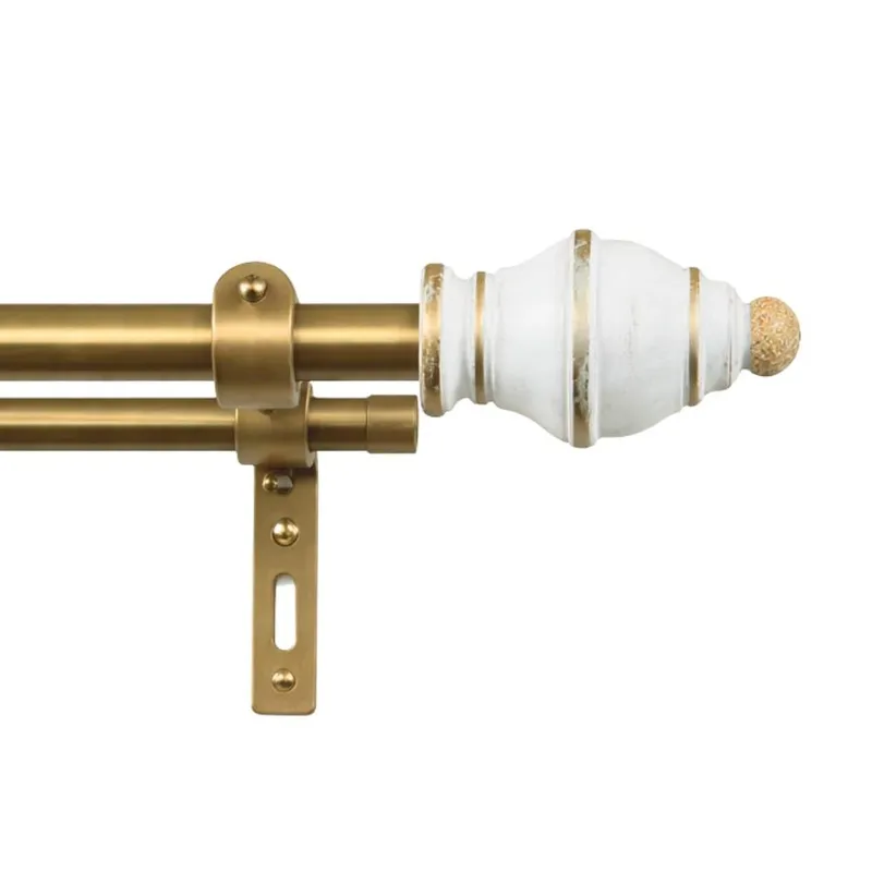 Close-up of double curtain rod with white oval finial and brown bracket