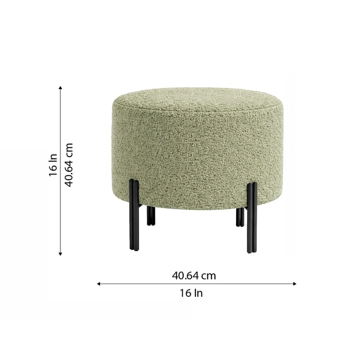 Round sage green ottoman with dimensions shown in the image