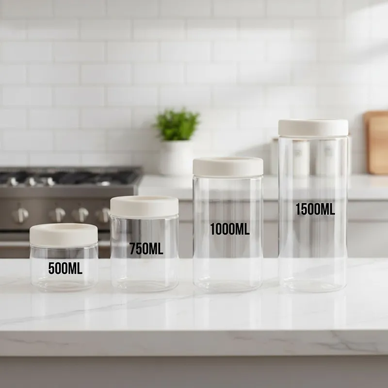 Four clear cylindrical containers with white lids in different sizes