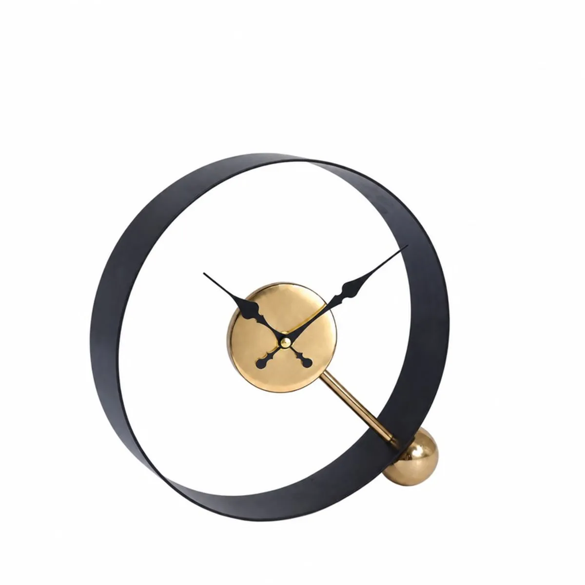 Front view of black and gold open round iron table clock