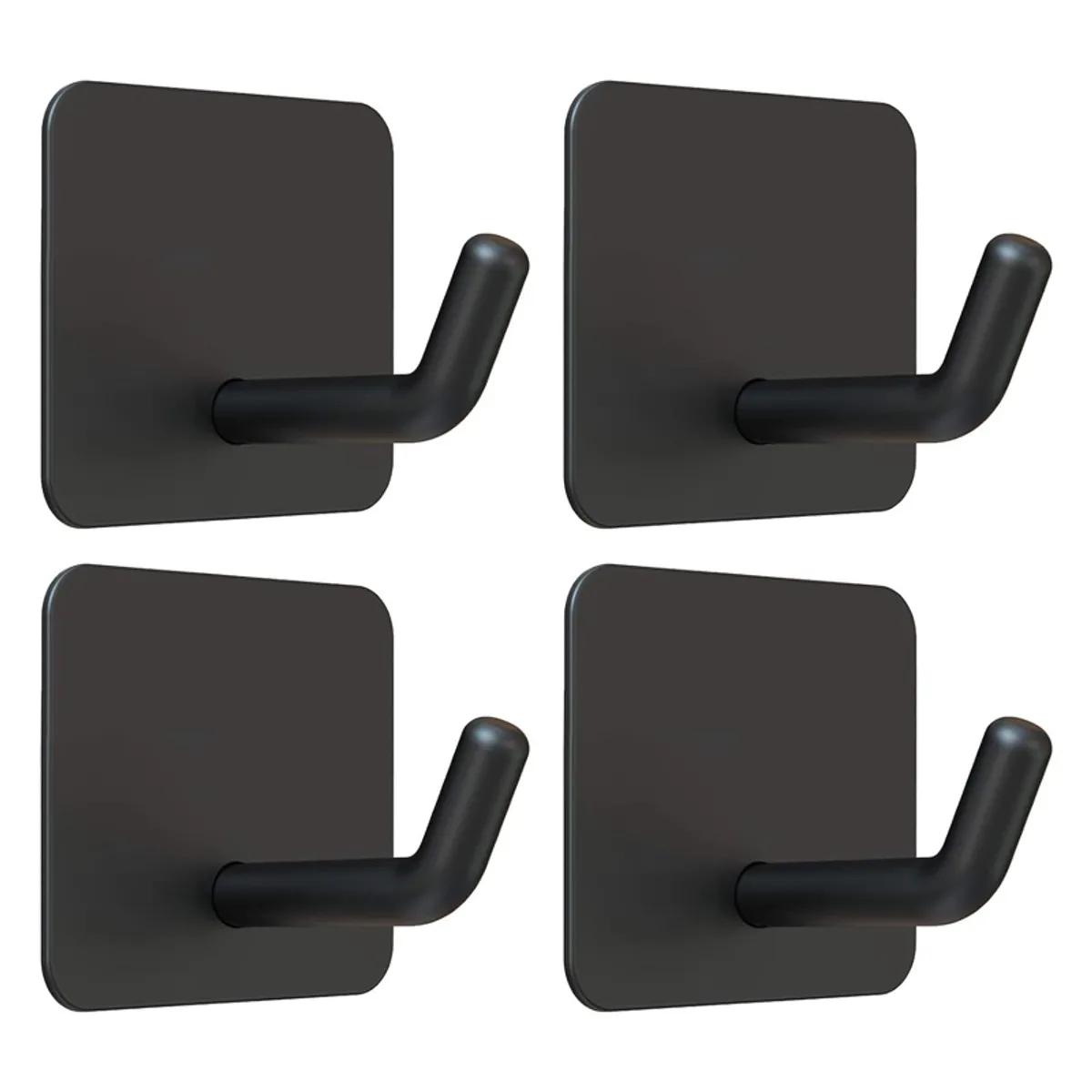 Four black square-backed wall hooks arranged in a two-by-two layout