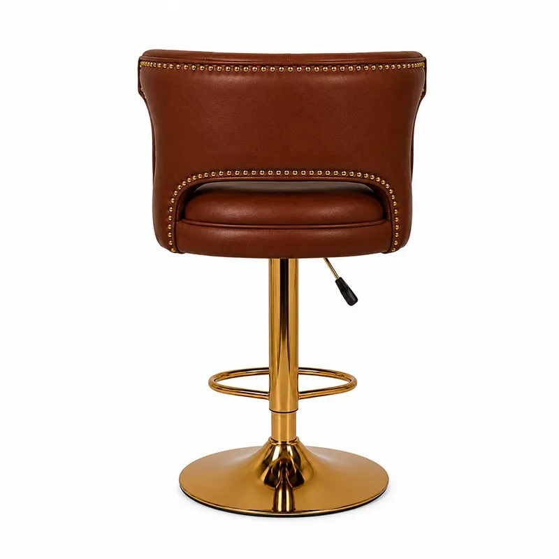 Rear view of a maroon bar stool with a curved back, gold trim and gold base.