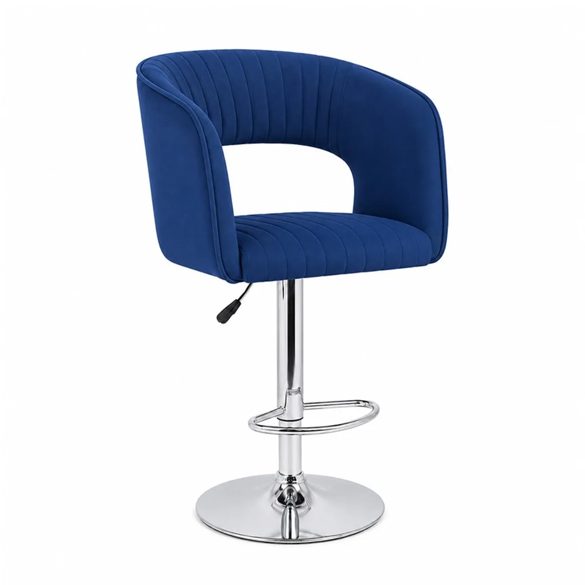 Angled view of blue upholstered bar chair with curved back and footrest