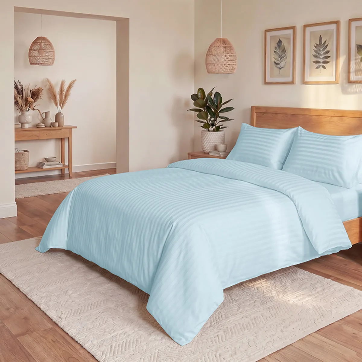 Pale blue striped duvet cover styled in a warm, minimalist bedroom