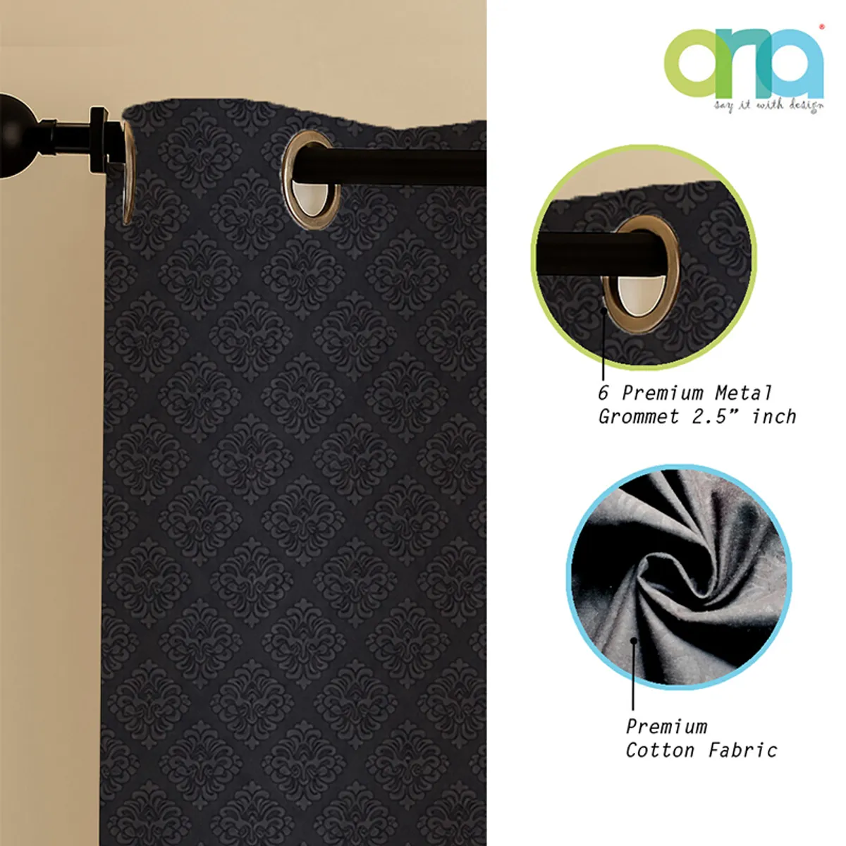Close-up of black eyelet curtain with fabric and ring detail