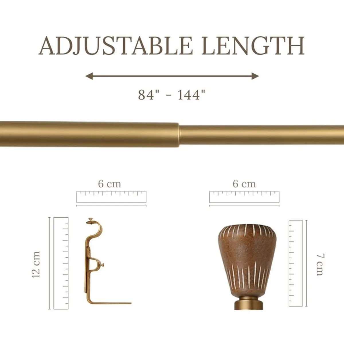 Extendable curtain rod shown with urn finial and bracket details