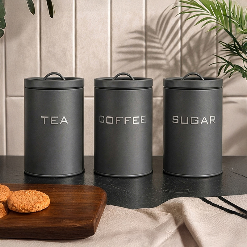 AarviDecor BrewBox Metal Containers(550 mL Each/Grey) - Set of Three - 550 mL