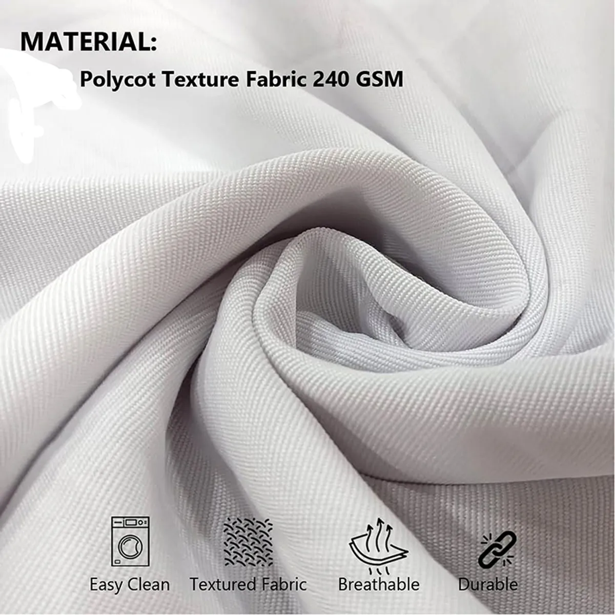 Close-up of light textured cushion-cover fabric shown in a folded drape.