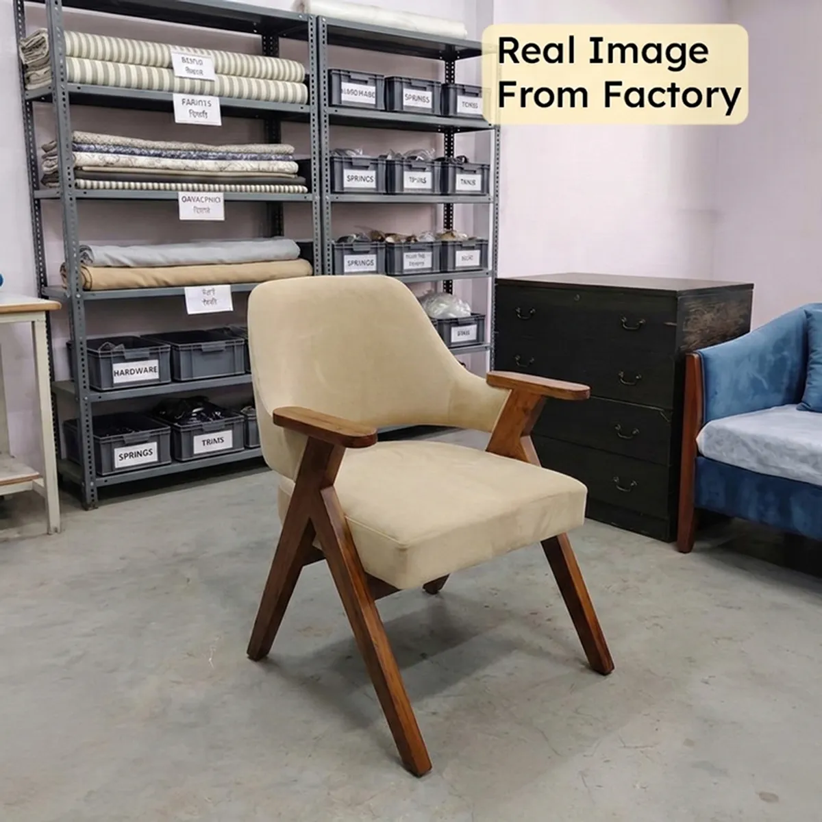 Corvello Teak Wood & Velvet Accent Chair - Beige