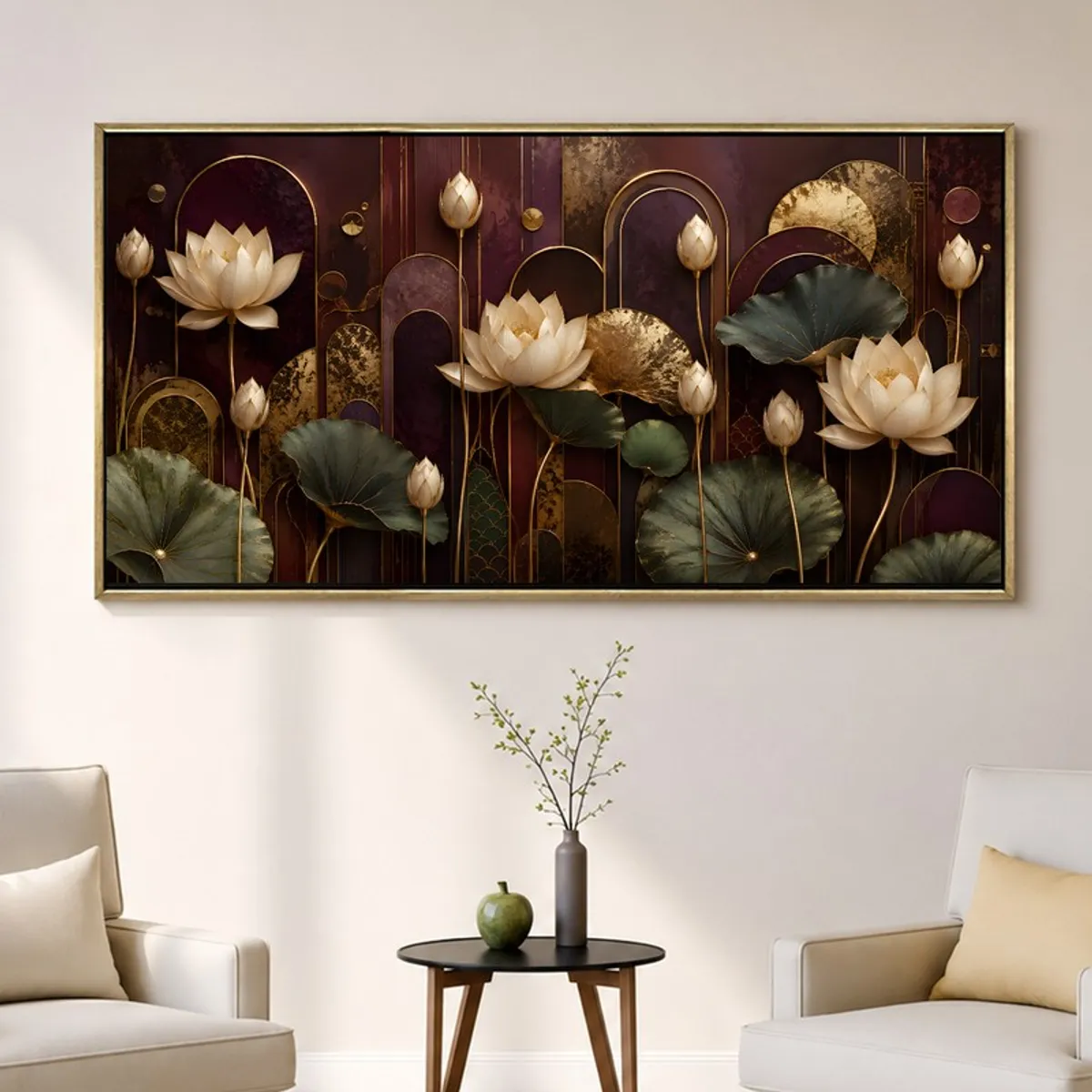 Framed lotus canvas painting with botanical motif displayed above chairs