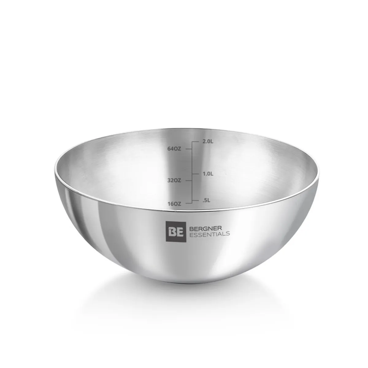 Single glossy silver round mixing bowl shown against a white background