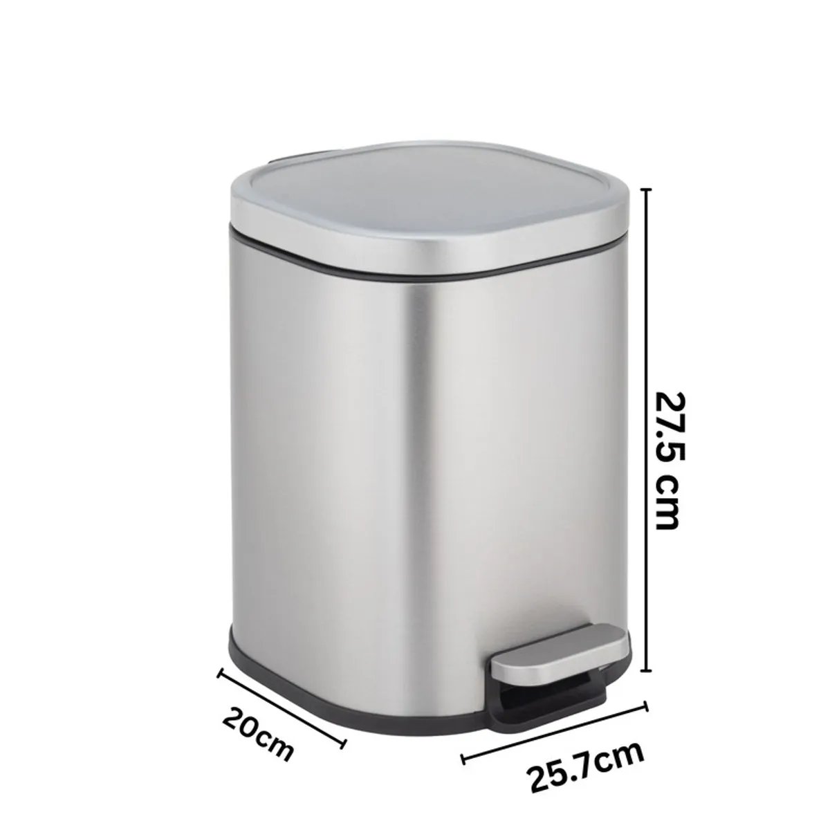 Grey metal pedal dustbin front view with dimensions marked
