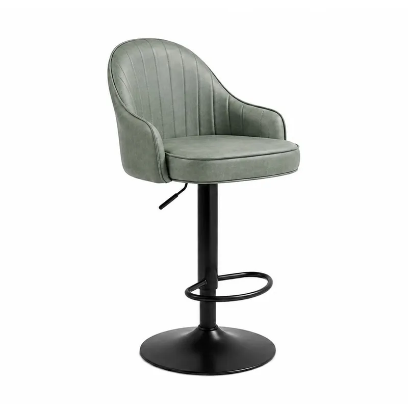 Angled view of a grey ribbed bar chair with curved arms and black base