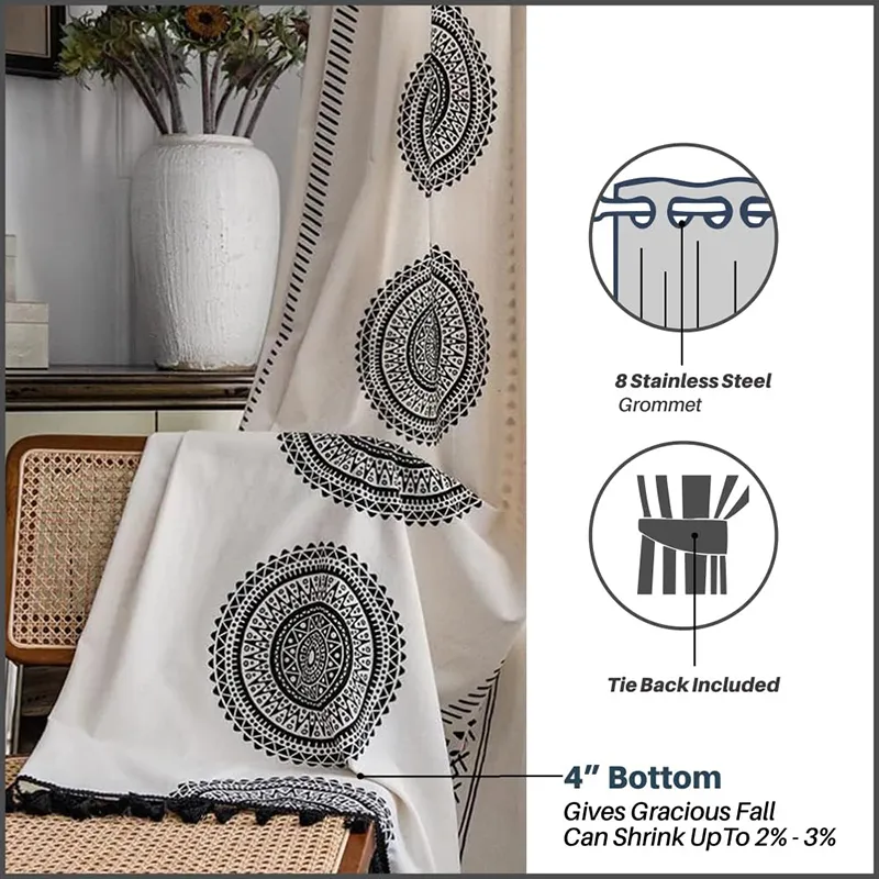 Detailed view of black and white curtain fabric with circular pattern and tasseled edge