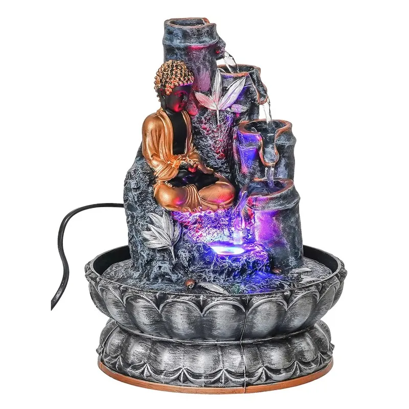 Angled front view of Buddha fountain on white background