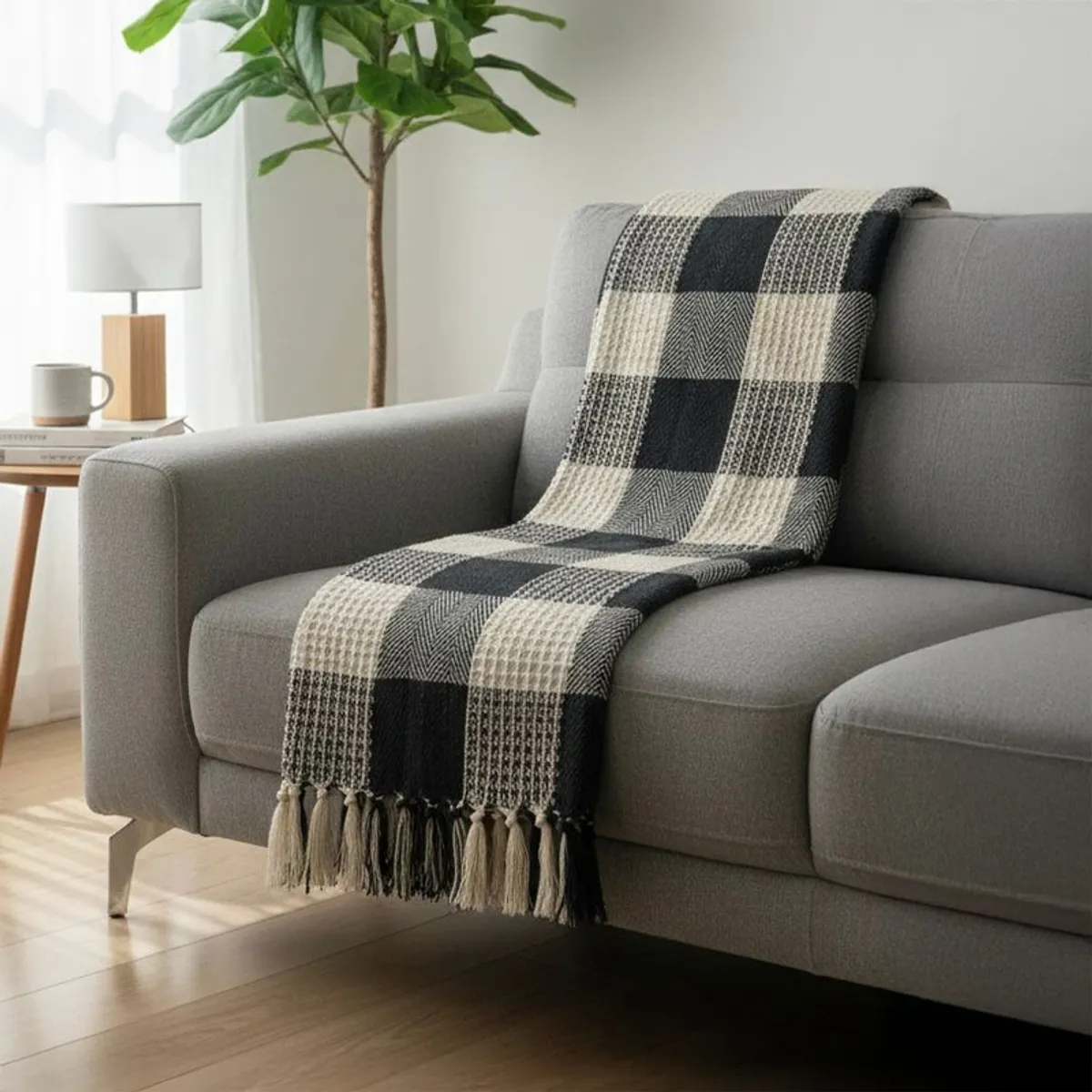 Grey, black and white throw draped over a contemporary sofa