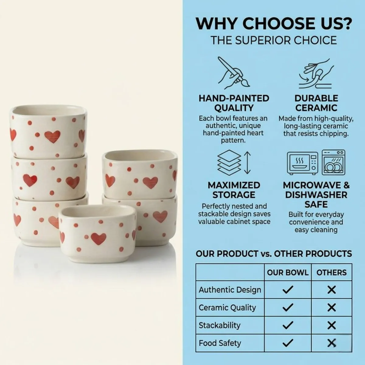 White ceramic dip bowls with red heart motifs beside printed feature graphics