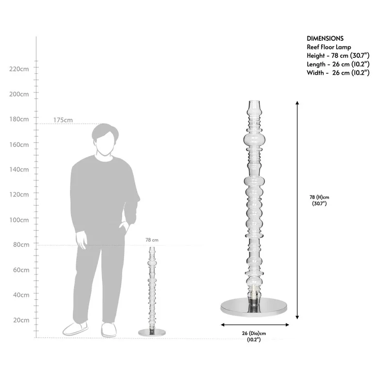 Dimension reference image of the clear glass floor lamp