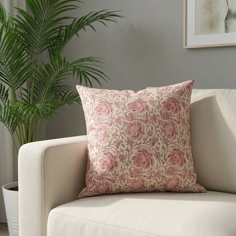 Bloom Valley Printed Cotton Cushion Cover - Pink,White