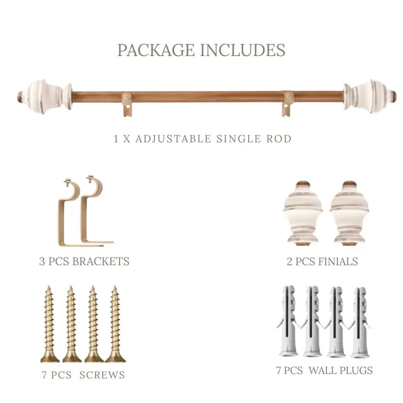 Curtain rod set with rod, brackets, finials, screws and wall plugs shown