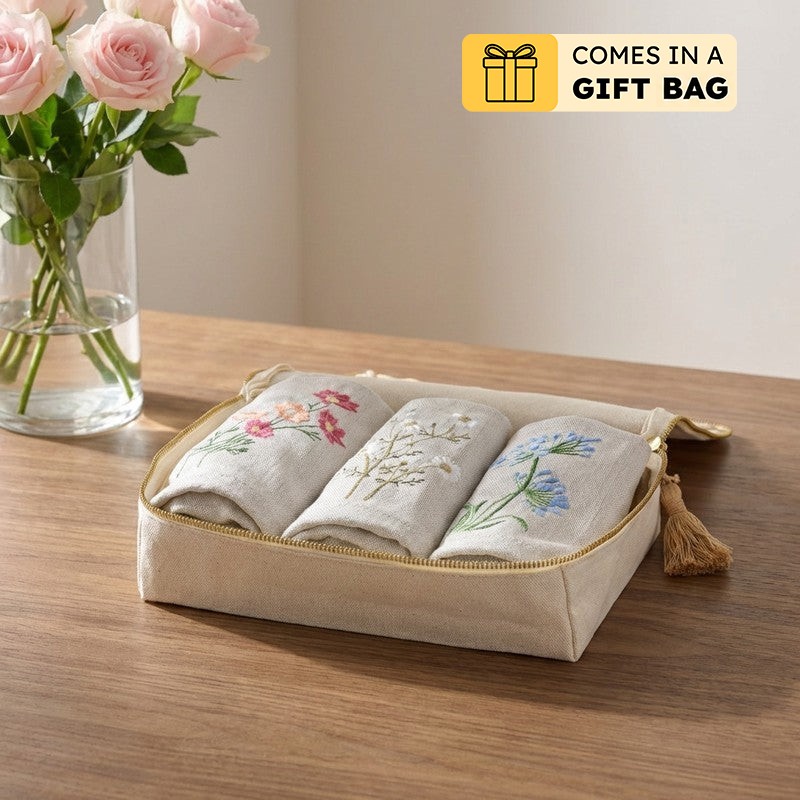 Classic Embroidered Bamboo Cotton Hand Towels with Canvas Box - Set Of Three - Bundles