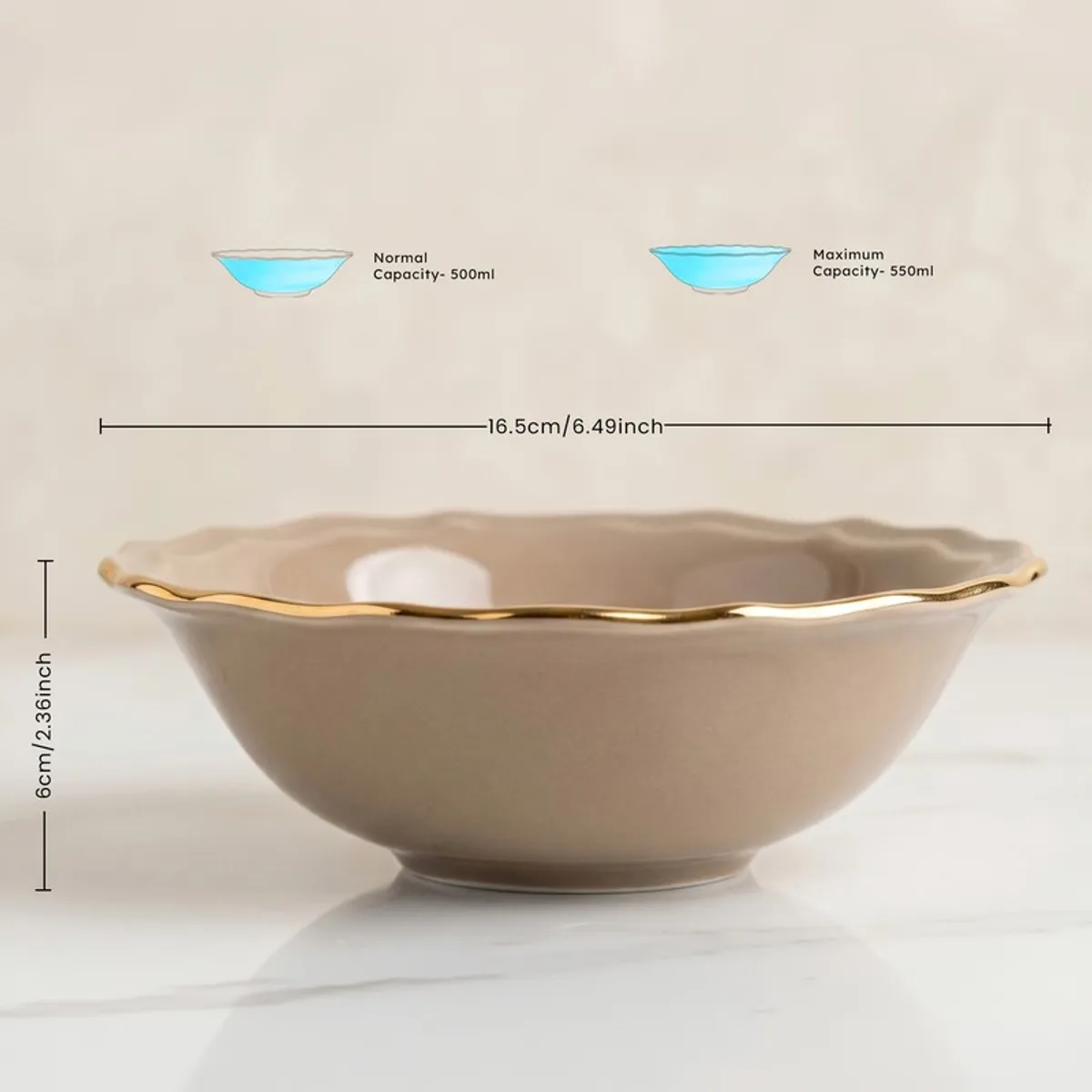 Round grey serving bowl with scalloped rim and gold edge